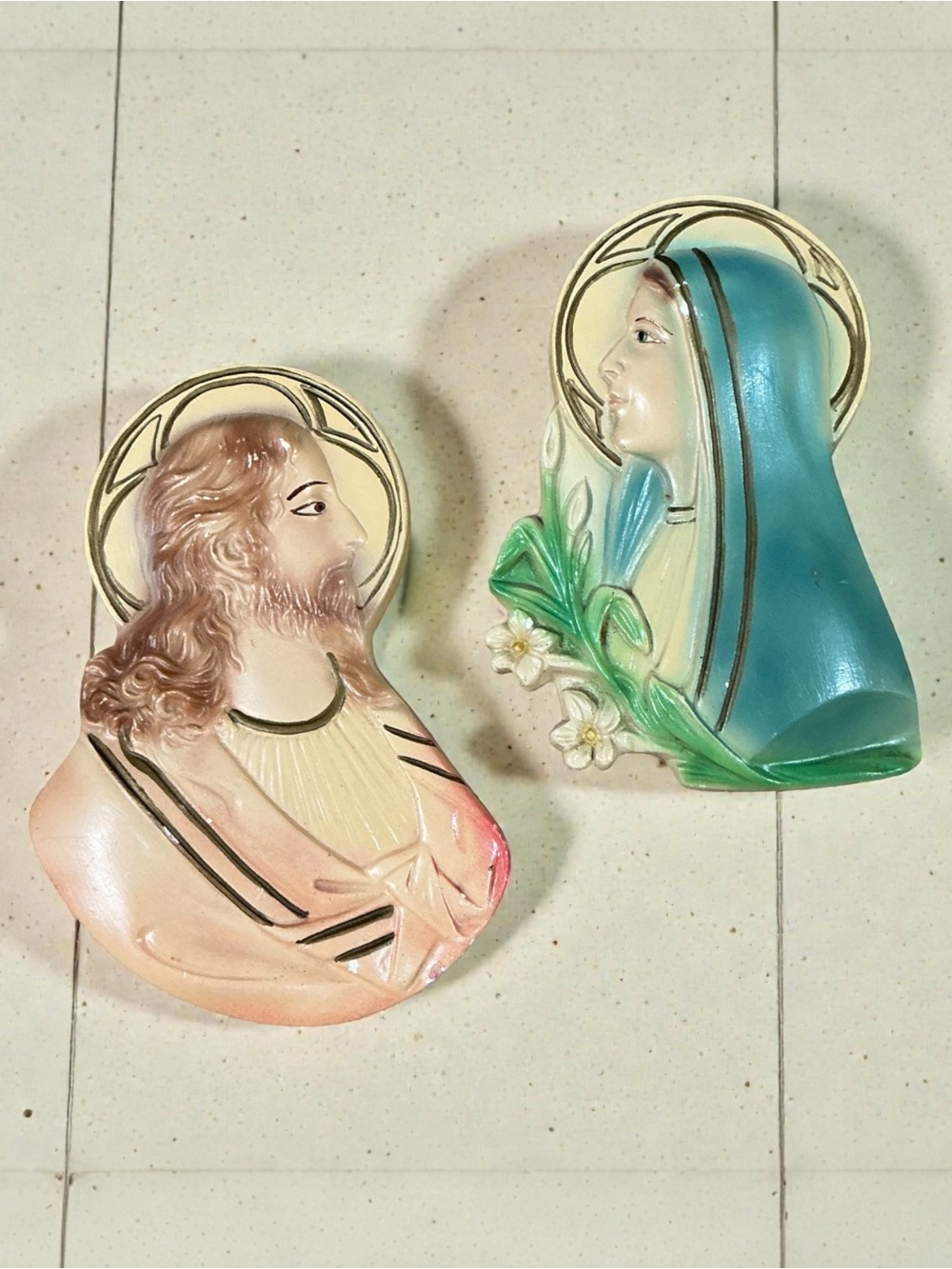 Vintage Pair Jesus & Mary Chalkware Plaques Easter Lilies Religious Wall Hangers
